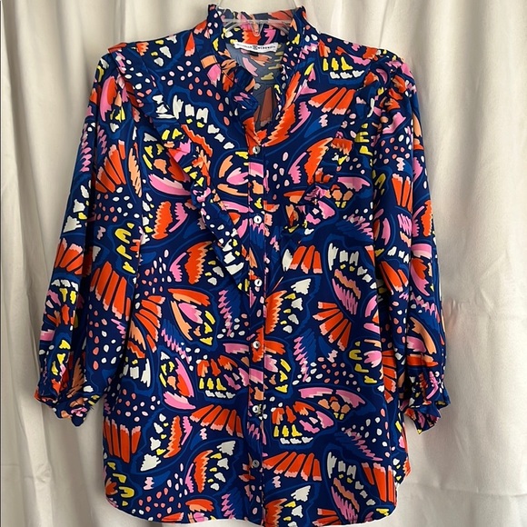 Michelle McDowell Kelly Top So Fly Blue Ruffle Button Up Size Medium - Picture 2 of 5
